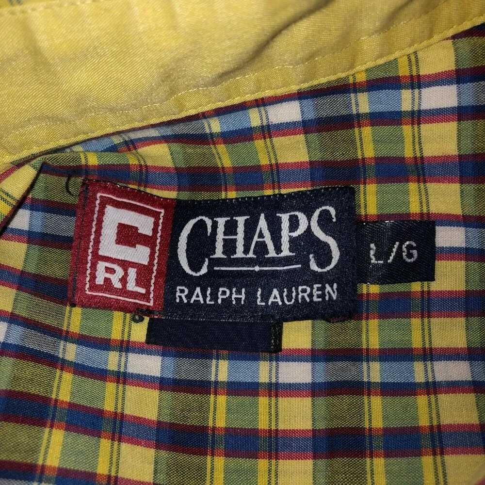 Vintage Chaps Ralph Lauren Mens Large Yellow Plaid Short Sleeve Button Up Shirt